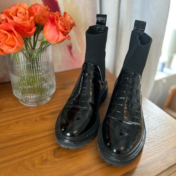 Loeffler Randall Black Croc-Embossed Combat Boots - Picture 4 of 10